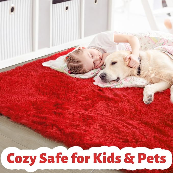 Amdrebio Red Christmas Fluffy Area Rug 4x6 for Boys Bedroom Living Room | Fuzzy Furry Soft Plush Shaggy Floor Carpet, Classroom Nursery Dorm Playroom Office Apartment Decor, Baby Toddler Kids Corner