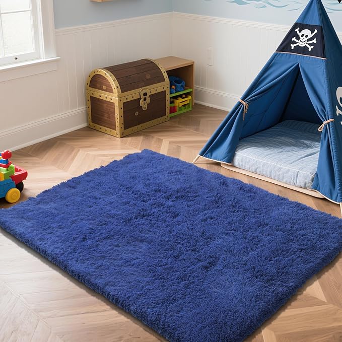 Blue Fluffy Rug Shag Area Rug, 6x9 Area Rugs for Girls Bedroom, Big Soft Shag Bedside Non-Slip Plush Dorm Carpet Home Decor Aesthetic