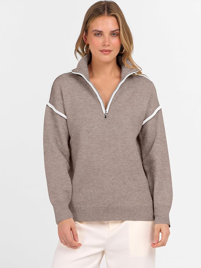 ANRABESS Womens Quarter Zip Sweaters Fall Long Sleeve V Neck Shirts Collared Business Casual Tops Knit Pullover Sweatshirts