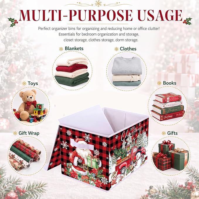 Briwooody Christmas Storage Bin with Lid and Carrying Handle Red Buffalo Plaid Christmas Foldable Storage Box Large Snowman Collapsible Container Basket for Organizing Closet Home Bedroom Xmas Gift
