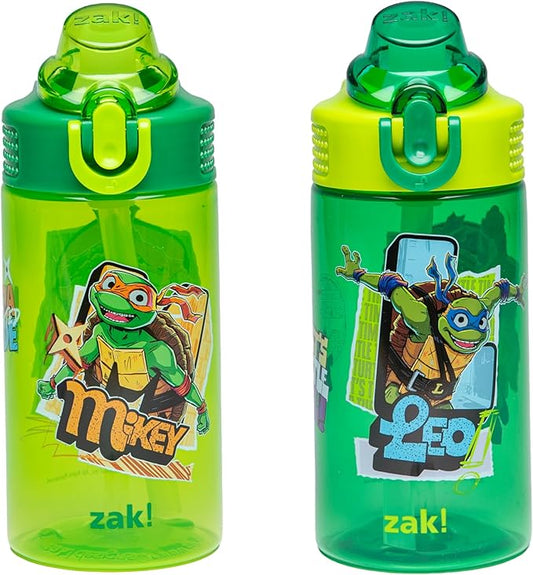 Zak Designs TMNT Sage Kids Water Bottle For School or Travel, 16oz Durable Plastic Water Bottle With Straw, Handle, and Leak-Proof, Pop-Up Spout Cover, 2-Pack Set (Teenage Mutant Ninja Turtles)