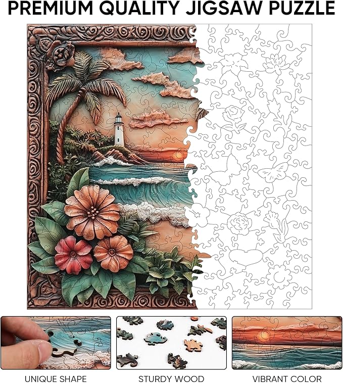 Ixfyloop Wooden Puzzles for Adults 500 Pieces, Lighthouse Wooden Jigsaw Puzzles, Seaside Dusk Adult Puzzles Wooden Toys Home Decor Gift Family Brain Game for Men Women Elders Seniors, 15.9x15.9 inch