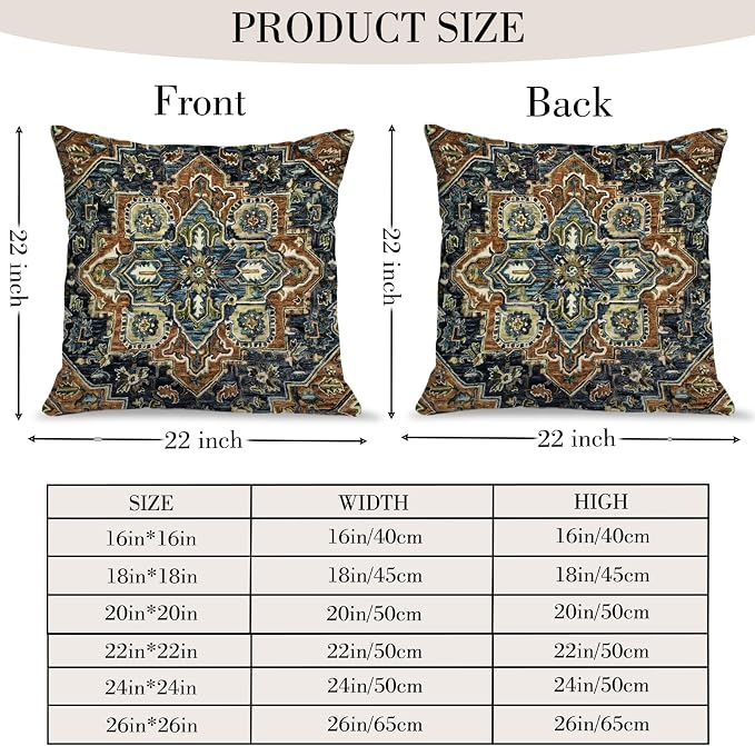 Boho Throw Pillow Covers 22x22 inch Set of 2,Boho Vintage Carpet Pattern Antique Ethnic Decor Double Sided Pattern Cushion Cover Soft Pillow Case Living Sofa Room Bed Square Pillow Cover