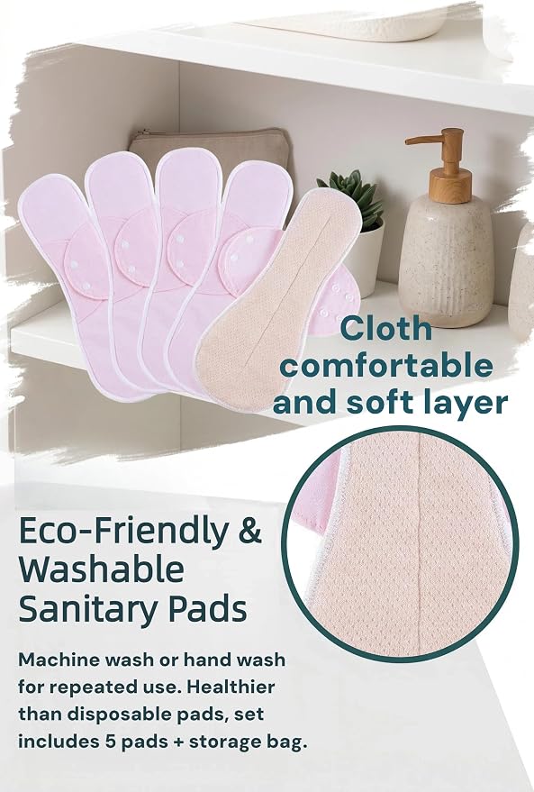Pure Cotton Mesh Pads Sanitary Napkins,Washable Menstrual Pads,Reusable Incontinence Pads,with 1 Storage Bag,Panty Liners Pads Period for Women/Incontinence Patients.(Dark Green/XL/5pcs)