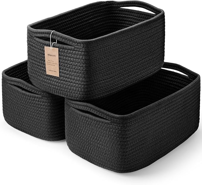 3 Pack Small Storage Baskets for Organizing, 11.8×7.8×5.1", Black | Woven Baskets for shelves, Cotton Rope Basket for Gifts Empty, Closet Organizer Bins with Handles, Cube Decorative Box