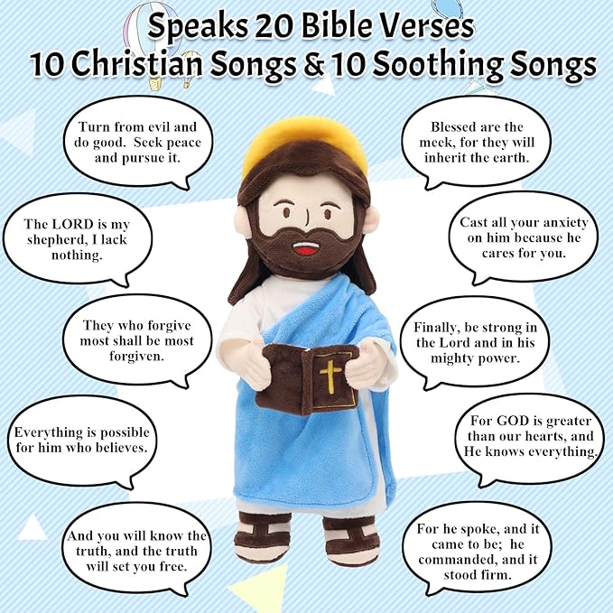 Jesus Plush Talking Doll with Halo,Speak 20 Bible Verses & 20 Songs,13.4" Interactive Hymn Stuffed Plushie Perfect Religious Gift for Kids Sunday School & Easter Celebrations