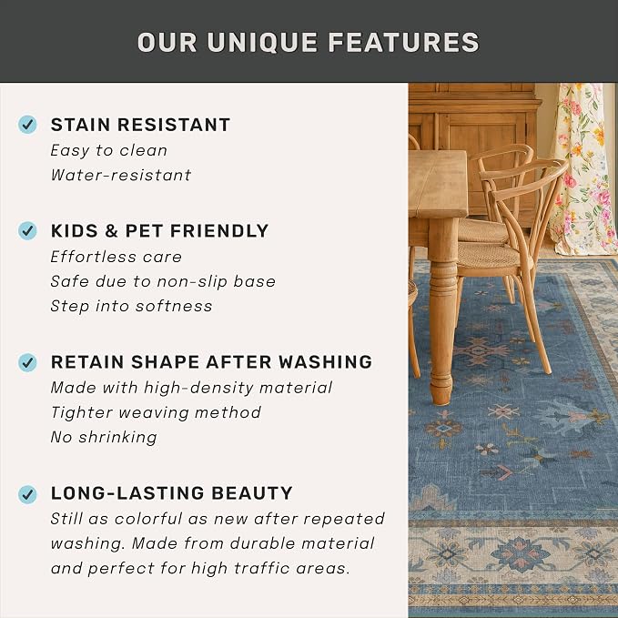 Washable Blue Rugs for Entryway Indoor - 3x4 Throw Rug for Large Kitchen, Bedroom Bedside, Bathroom, Mudroom, Boho Eclectic Modern Décor, Non Slip Low Pile Fade Resistant