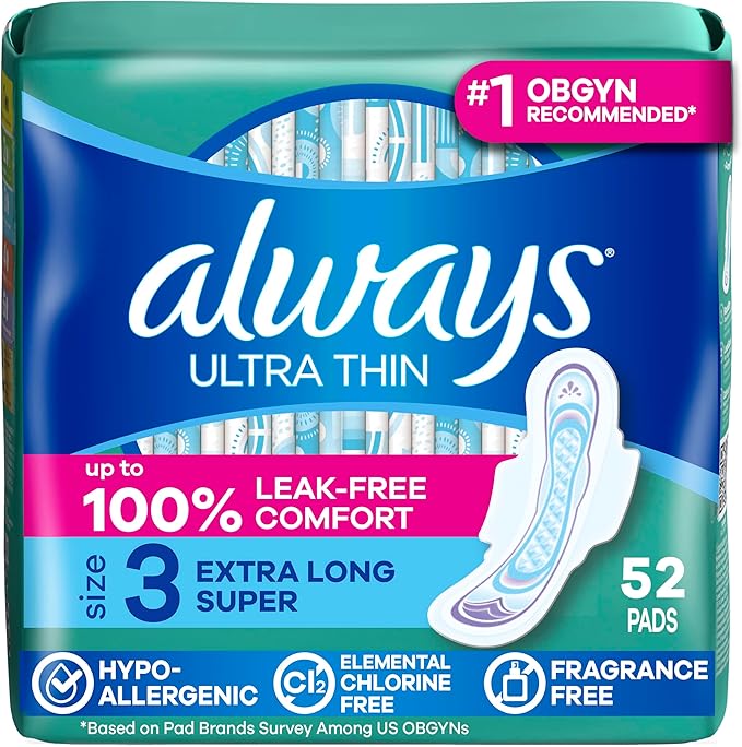 Always Ultra Thin Feminine Pads with Wings for Women, Size 3, Extra Long Super Absorbency, Unscented, Up to 100% Leak-Free Protection, 52 Count