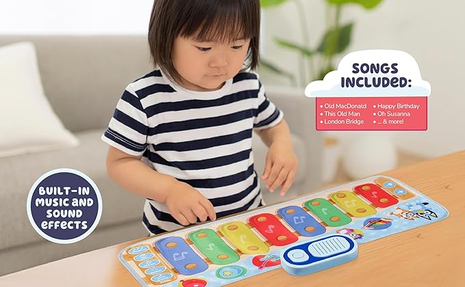 eKids Bluey Toy Piano Play Mat with Music and Sound Effects, Toddler Toy for Ages 3 and Up