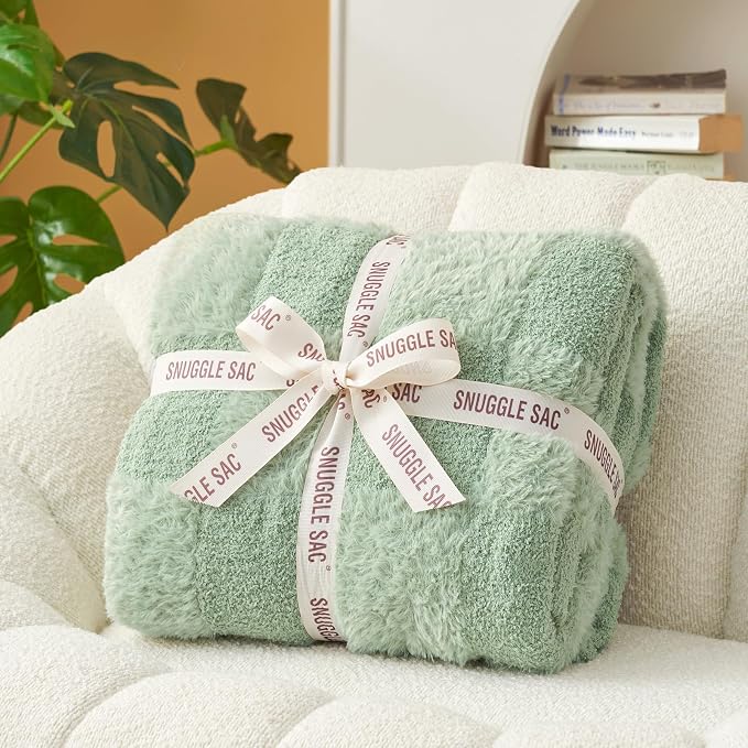 Snuggle Sac Faux Fur Checkered Blanket Twin Size with Soft Knitted Microfiber,Cozy Soft Warm Blanket for Sofa Bedroom Living Room,Solid Sage Green,60x80 inches