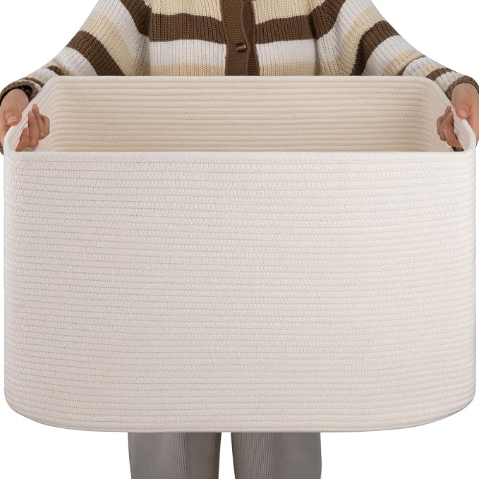 OIAHOMY XXLarge Rectangle Blanket Basket-96L, Cotton Woven Basket for Storage, Dirty Clothes Basket for Living Room, Nursery, Bedroom, Toy Organizing with Handle, 24" x 16" x 15", White