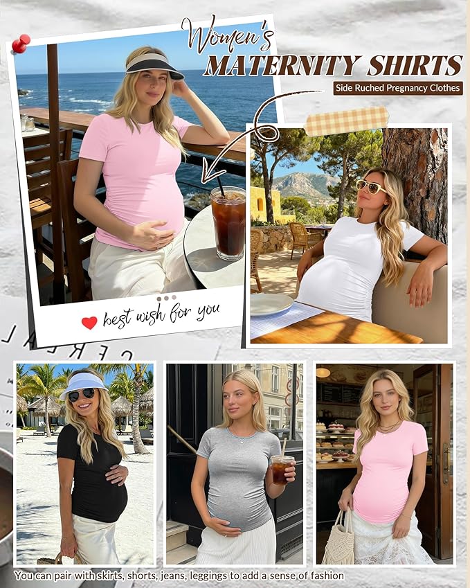 Huukeay 4 Pack Women's Maternity Shirts, Crew Neck Maternity Top Short Sleeve Casual Cotton Tee Side Ruched Pregnancy Clothes