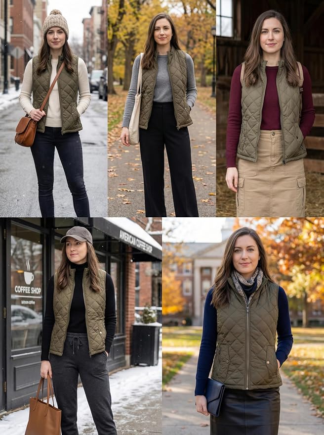 Fuinloth Women's Quilted Vest Lightweight Puffer Stand Collar Zip Gilet | 4 pockets with 2 inner storage. Quilted padded warm gilet. Fall winter outerwear layering vest for travel hiking daily wear.