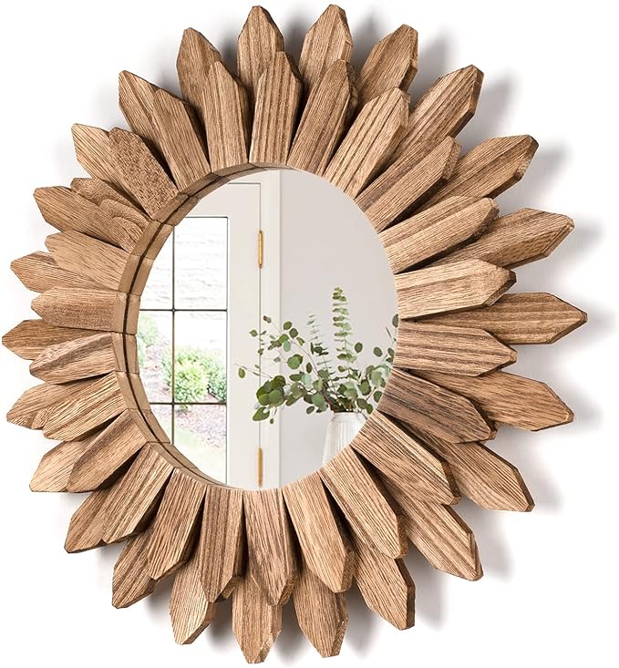 Wall Mirror Decorative 12 inch Rustic Wood Mirror Sunburst Boho Mirror for Entryway Bedroom Living Room Bathroom House Warming Gifts New Home Essential Carbonized Black