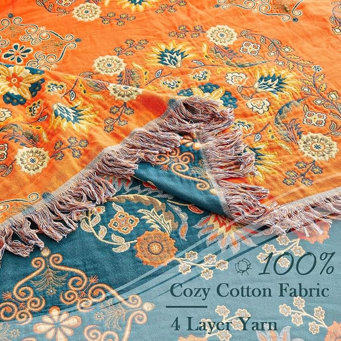 XIBLC Boho Throw Blanket, 100% Cotton Ultra Soft Luxury Throw Rustic Quilt, 60"x80" Floral Printed Farmhouse Decor Bed Summer Blankets, All Season Rustic Reversible Bohemian Throw for Bed - Orange