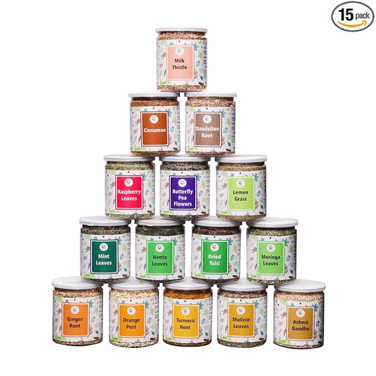 Assorted Loose Leaf Tea | 15 Delightful Herbs | Upto 900 Servings | 100% Raw & Natural | Add Health to your Soups, Smoothies, Teas and more | By Yogi's Gift®