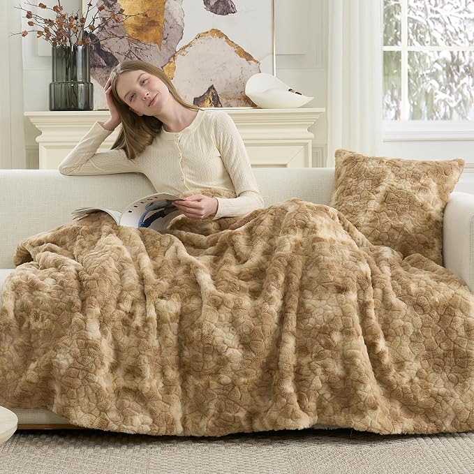 Cozy Bliss Faux Fur Throw Blanket for Couch, Fuzzy Soft Plush Thick Warm Fluffy Reversible Wave Textured Blanket for Sofa Bedroom Living Room, 55 * 70 Inches Tie-dye Khaki