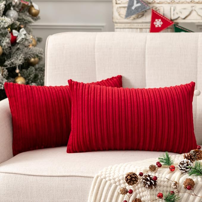 UGASA Pack of 2 Christmas Velvet Pillow Covers Striped, Soft Textured Throw Cushion Accent Corduroy Lumbar Hidden Zipper for Home Decor Indoor (12"x20", Burgundy)