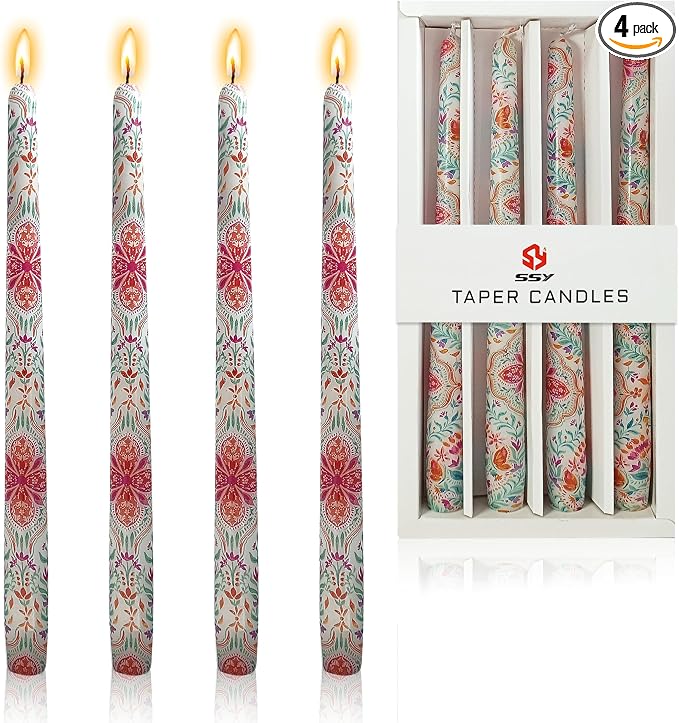 Candlesticks 10 in Vintage Floral Taper Candles Hand Printing Flowers Candlesticks Tall Printed Tapered Candle Sticks for Home Garden Decor Simple Modern, 4 Pack