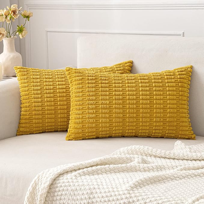 MIULEE Lumbar Corduroy Decorative Throw Pillow Covers 12x20 Mustard Yellow | Pack of 2 Soft Boho Striped Pillow Covers Modern Farmhouse Home Decor For Sofa Living Room Couch Bed