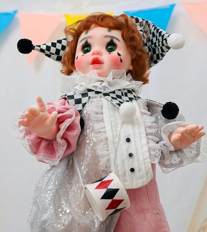 Harlequin Clown Reborn Toddler Girl Dolls – 18 Inch Baby Doll with Curly Hair, Checkered Hat, Pink & Silver Costume, and Mini Drum, Baby Dolls for 5 Year Old Girls, Parents, Collectors