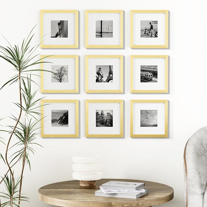 Vittanly 8x8 Picture Frames Set of 9 for Wall or Tabletop Display, Gold | Display Pictures 4x4 with Mat or 8x8 without Mat for Wall Mounting, Square Photo Frames for Home Decor, Engineered Wood