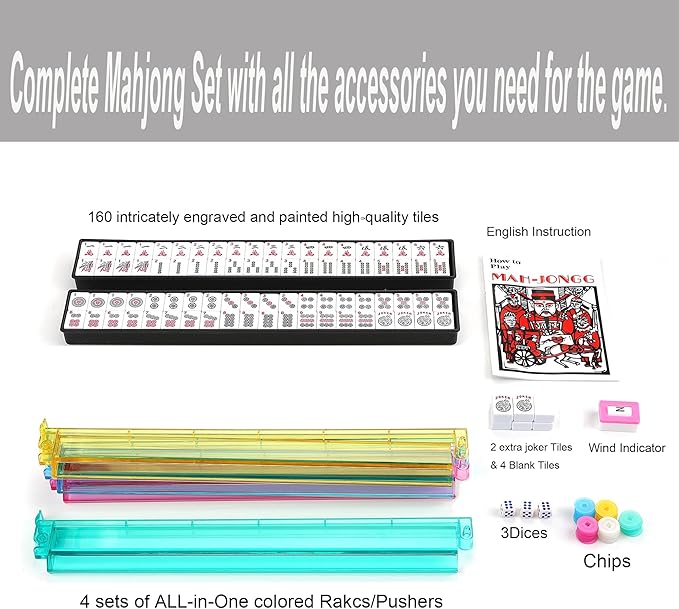 American Mahjong Game Set - Pearl Gray Quilted Soft Bag - 166 White Engraved Tiles, 4 All-in-One Rack/Pushers Complete Western Mah-Jongg, Maj Jongg, Ma Jong Set