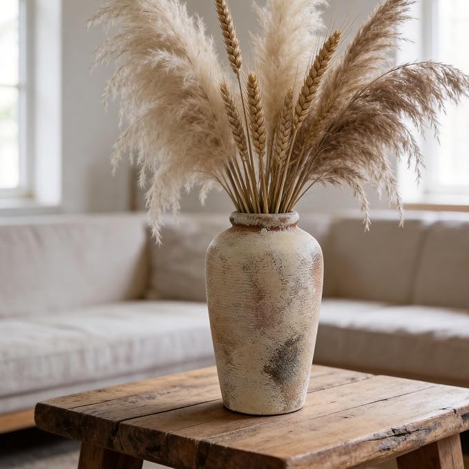 Ceramic Flower Vase, 10.6" Tall Rustic Farmhouse Vase, Decorative Pottery Vase with Glazed Interior for Fresh Flowers, Olive Branches, Mantel, Entryway and Dining Room Decor