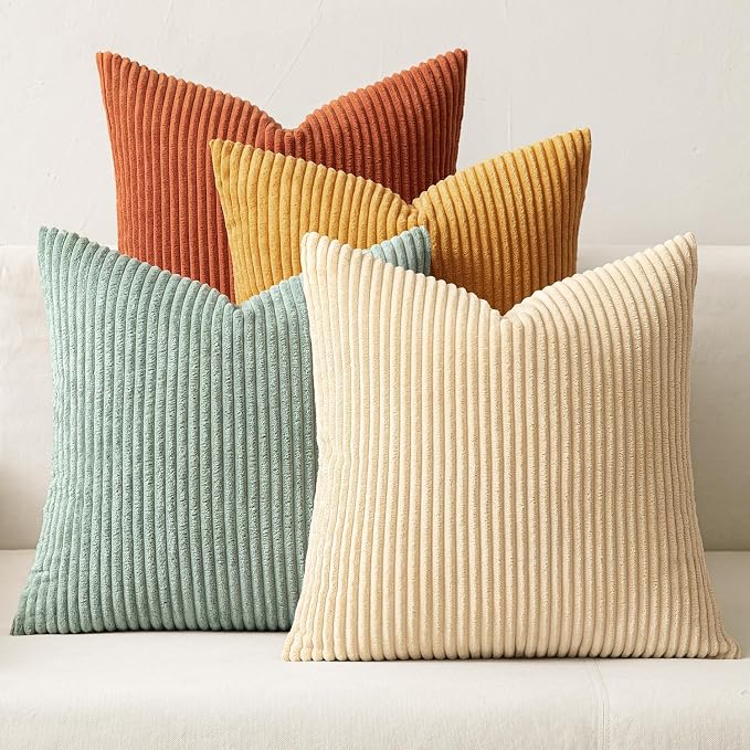MIULEE Soft Corduroy Decorative Throw Pillow Covers Teal-Rust 16x16 | Set of 4, Mordern Rustic Home Decor, Retro Vintage Set, Boho Farmhouse Cushion Covers for Couch Bed Sofa Living Room