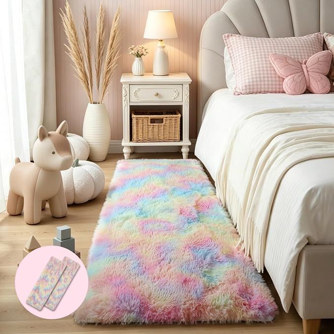 KICHOWUA KCHOWUA Rainbow Unicorn Thick Fluffy Fuzzy Rug 2x6, 2 Pcs Washable | Soft shaggy area rug non slip for girls bedroom, princess kids room, living room, nursery, dorm, and classroom