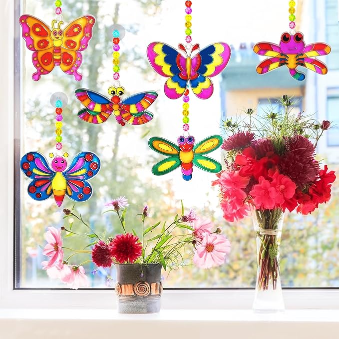 Ayhuhra 30 Sets Butterfly Suncatchers Crafts Kit Dragonfly Suncatcher DIY Window Paint Art Suncatcher Kits for Classroom Spring Summer Easter Party Activities Art Project Party Favors