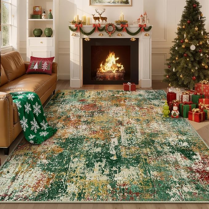 RELEANY Washable Area Rugs 6'x8' Non-Slip Modern Abstract Soft for Living Room Entryway Bedroom Kitchen, Print Pattern, Green Orange Rust Red Cream Colorful