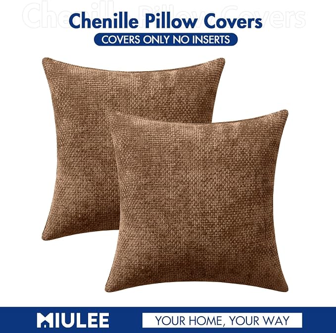MIULEE Decorative Couch Throw Pillow Covers 20x20 in Golden Brwon 2 Pack | Modern Boho Neutral Accent Pillows, Soft Chenille Pillow Covers, Farmhouse Cushion Cases for Home Decor Bed Sofa Living Room