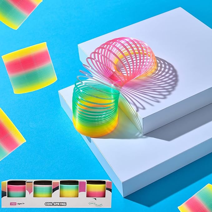The Dreidel Company Plastic Coil Spring, Glow-In-The-Dark Magic Rainbow Slingy, Party Favor, Birthday Bag Filler, Stocking Stuffers, 3" (80MM) (4-Pack)