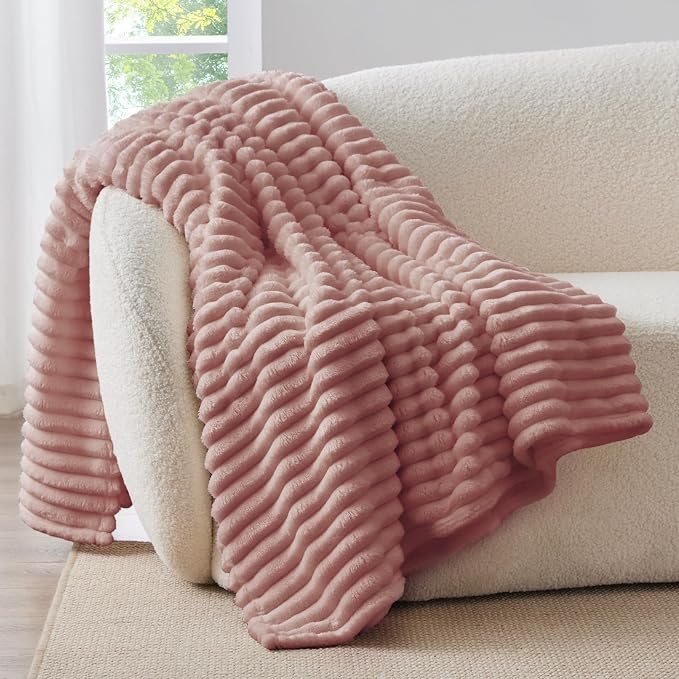BEDELITE Striped Fleece Throw Blanket, Dusty Pink, 50"x60" | 300GSM Microfiber Fleece, Soft Cozy, Lightweight Warm, Double-Sided Plush, Machine Washable, Gift, Room Decor, for Couch Sofa