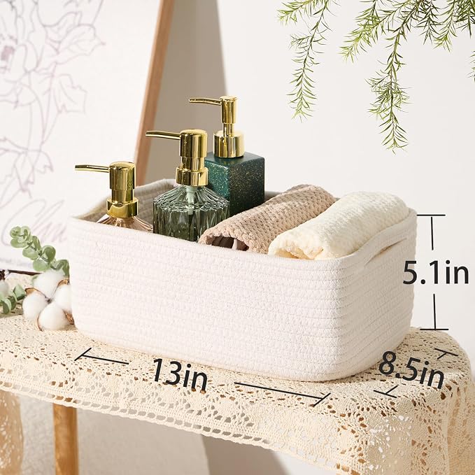 MiniArk Small Storage Baskets for Organizing | Closet Organizer Bins | Shelf Toy Basket | Woven Rope Baskets | Cube Decorative Box | Shallow Basket | 13x8.5x5.1” | 4 Packs Off White