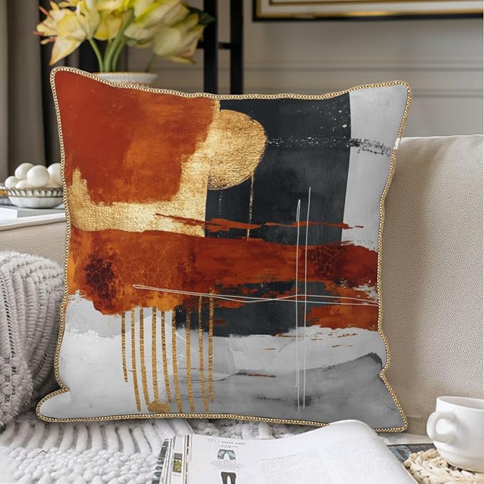 Retro Burnt Orange Gold Velvet Pillow Covers 16x16 Inch Abstract Rust Gray Black Throw Pillows For Couch Cushion Covers Pillowcase Rustic Farmhouse Pillow Cases for Sofa Bed Living Room Outdoor