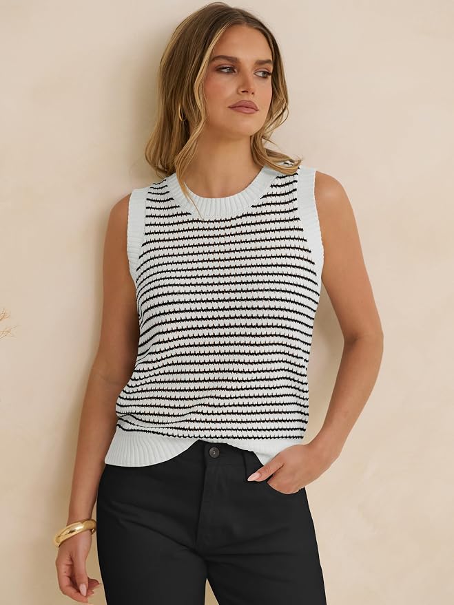 ANRABESS Womens Sleeveless Sweater Vest Striped Tank Tops | Crochet Knit Crew Neck, Lightweight Soft Comfy, Vacation Travel Work Casual Outfits, Sping Summer Layering Clothes
