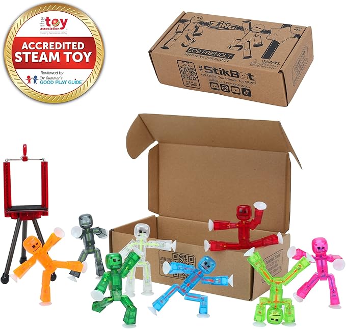 StikBot Zing, Set of 8 Clear Collectable Action Figures and Mobile Phone Tripod, Create Stop Motion Animation, Great for Kids Ages 4 and Up