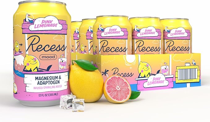 Recess Mood Magnesium & Adaptogen Drink, Relaxation Beverage, 12 ounce (Pink Lemonade, 12 pack)