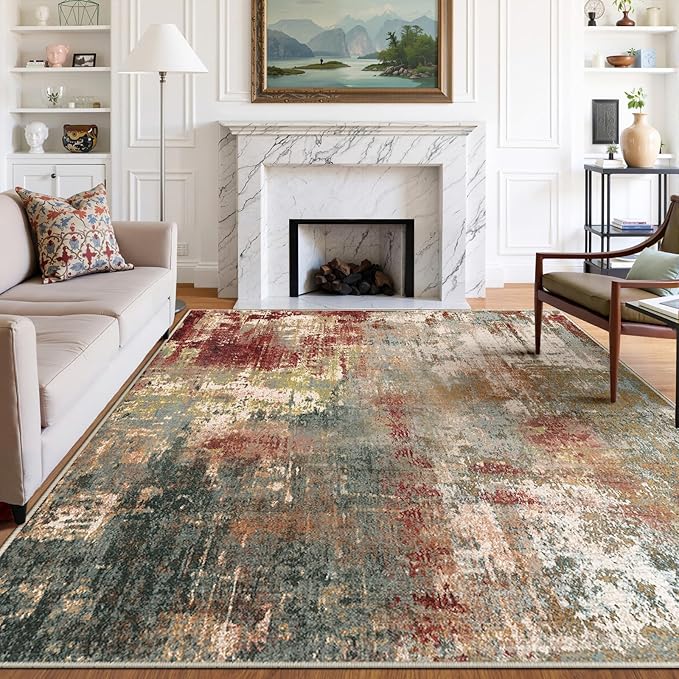 RELEANY Washable Area Rugs 6'x9' Non-Slip Modern Abstract Soft for Living Room Entryway Bedroom Kitchen, Print Pattern, Brown Rust Red Green Blue Multi