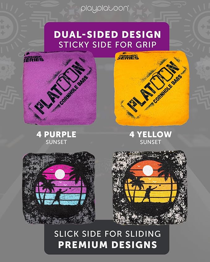 Play Platoon Pro Cornhole Bags Set of 8 - Professional Dual Sided Slick and Sticky Side Competition Corn Hole Bags - Tournament Series