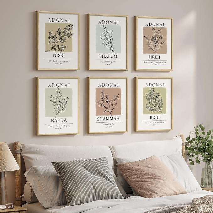 Framed Christian Bible Verse Neutral Wall Art, Minimalist Scripture Religious Canvas Prints, Faith Names of God Boho Botanical Leaf Artwork for Bedroom Living Room Office Hallway Wall Decor, 11x14 In