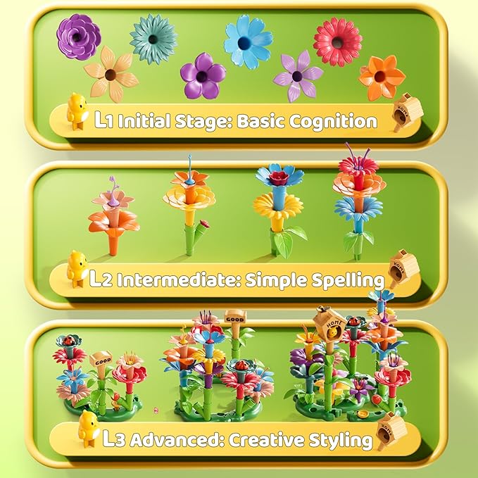 148 Pcs 3 Year Old Girl Gifts,Flower Garden Building Toy Set Toddlers Toys Gifts Best Educational Learning Fine DIY Crafts Stem Construction Stacking Kit,for 3 4 5 6 7 Year Kids Birthday