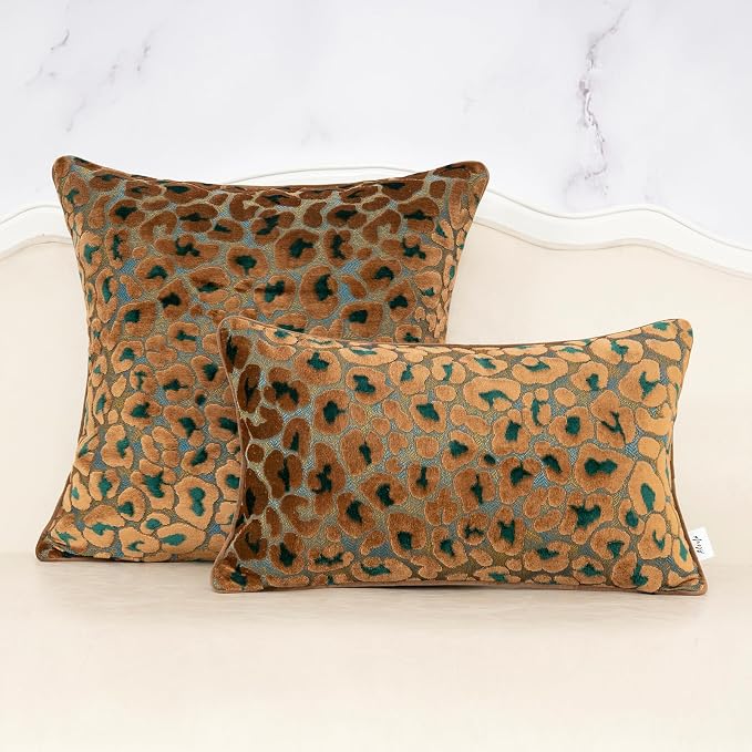 Alerfa Green Brown Floral Throw Pillow Cover 20 x 20 Inch Cut Velvet Sqaure Luxury Decorative Pillow Cover for Couch Living Room Bedroom