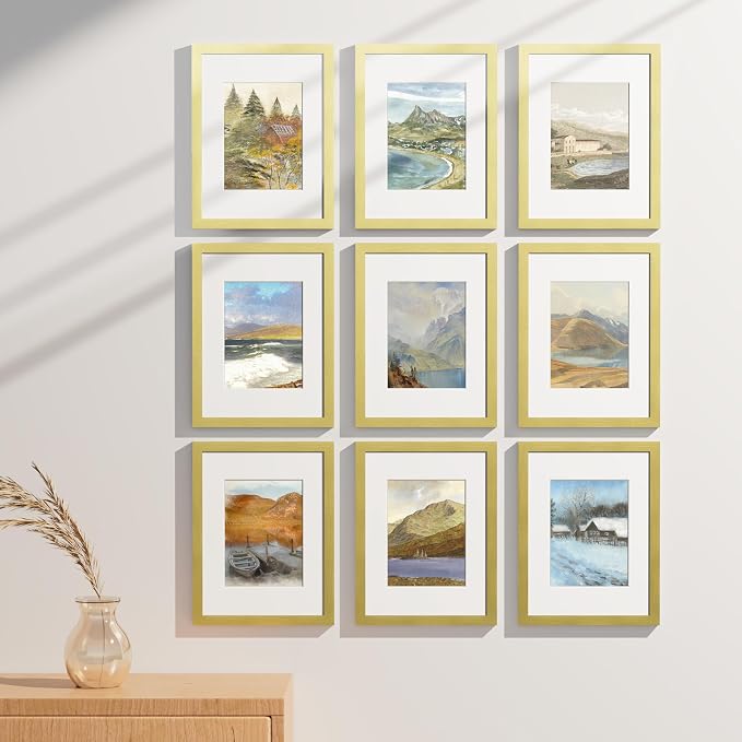 Vittanly 9x12 Picture Frames Set of 9 for Wall or Tabletop Display, Gold | Display Pictures 6x8 with Mat or 9x12 without Mat, Engineered Wood with Shatter Resistant Plexiglass, Gallery Photo Frames