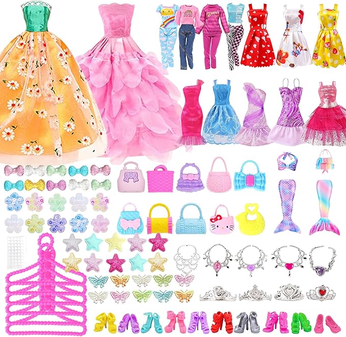 ZNTWEI 98 Pcs Doll Clothes and Accessories with Closet Wardrobe DIY Playset for 11.5 Inch Doll Including Wedding Dress Fashion Dress Casual wear Swimsuit Shoes Hangers Necklace Bags
