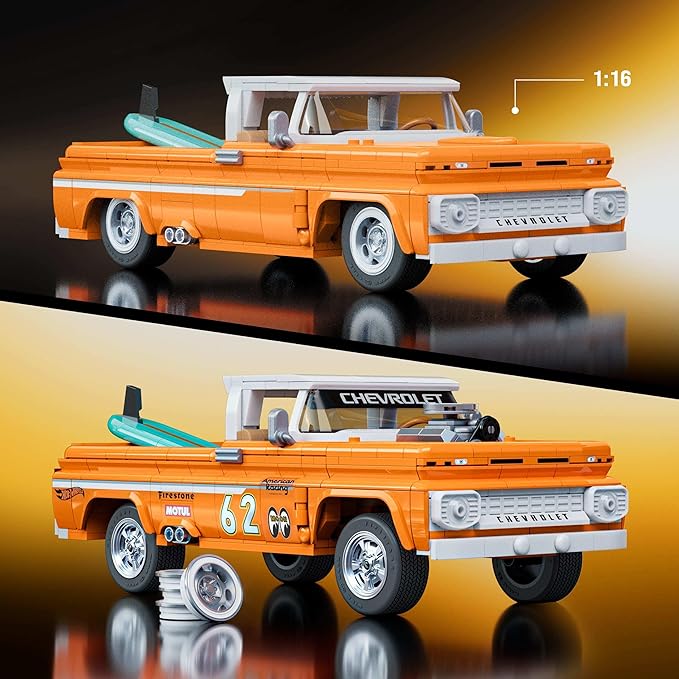 Mattel Brick Shop Hot Wheels Elite Series Building Set, Custom '62 Chevy Pickup with 858 Pieces, Realistic Details and Custom Decals, for Adult Collectors and Kids from 10 Years, JFT20