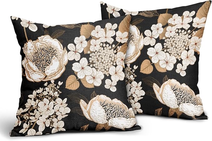 Vintage Flowers Pillow Covers 18X18 Inch Set of 2 White Floral Gold Leaves Botanical Decorative Pillow Cases Rustic Black Cotton Linen Cushion Case Farmhouse Home Decor For Sofa Couch Living Room