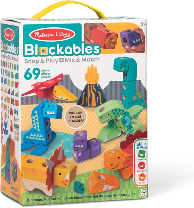 Melissa & Doug Blockables™ Dinosaur Snap and Play, Mix and Match Connectable Wooden Building Blocks Play Set Toy for Preschool Boys and Girls (69 Pcs) - FSC Certified